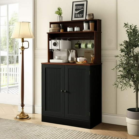 DIYART Farmhouse Bar Cabinet with Storage, Coffee Station Cabinet with 5 Hooks, Small Coffee Bar for Kitchen & Living Room, Antique Black