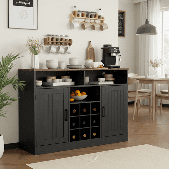 DIYART Farmhouse Buffet Cabinet with Prower Outlets, Rustic Sideboard Buffet with Wine Rack, Wooden Buffet Table for Dining Room, Antique Black