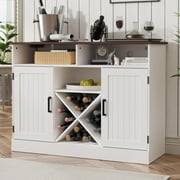 DIYART Farmhouse Coffee Bar Cabinet with Prower Outlets, Rustic Liquor Cabinet with Wine Rack, Wooden Wine Cabinet for Dining Room & Living Room, White