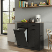 DIYART Farmhouse Double Tilt Out Trash Can Cabinet fits 10 Gallon Trash Bin, Kitchen Recycling Cabinet with 2 Drawers, Hidden Garbage Can Storage for Kitchen & Dining Room, Antique Black