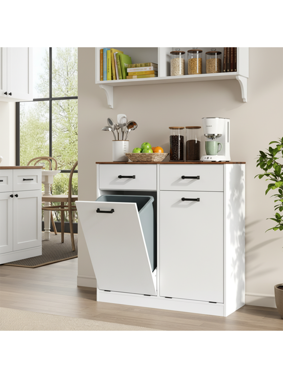 Farmhouse Double Tilt Out Trash Can Cabinet fits 10 Gallon Trash Bin, Kitchen Recycling Cabinet with 2 Drawers, Hidden Garbage Can Storage for Kitchen & Dining Room, Antique White