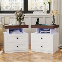 DIYART Farmhouse LED Nightstand Set of 2, Bedroom Side Table with Charging Station, Rustic End Table with Drawers for Bedroom, Antique White