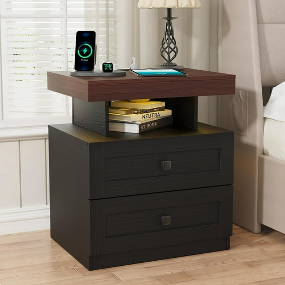 DIYART Farmhouse LED Nightstand with Charging Station, Bedroom Side Table with Drawers, Rustic End Table for Bedroom, Antique Black