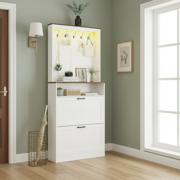 DIYART Farmhouse Shoe Cabinet with 2 Flip Drawers & Coat Rack, 2 in 1 Hall Tree with Hidden Shoe Storage Cabinet, Narrow Shoe Rack Cabinet for Entryway, and Hallway, Rustic White