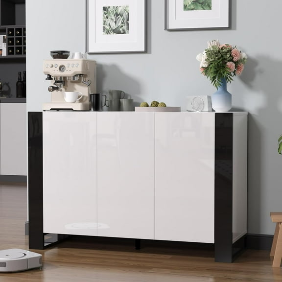 DIYART High-Gloss Sideboard Buffet Cabinet, Modern Sideboard with Adjustable Shelves, Coffee Bar Cabinet for Kitchen and Living Room, White