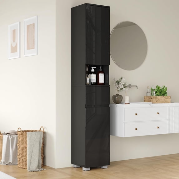 DIYART High Glossy Slim Bathroom Cabinet. 71" Tall Storage Cabinet with Drawer and Adjustable Shelves, Narrow Linen Cabinet for Bathroom, Laundry, and Living Room, Black