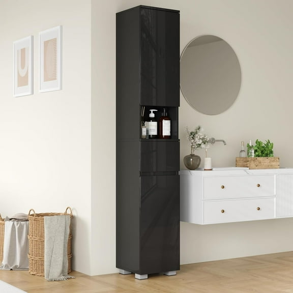 DIYART High Glossy Slim Bathroom Cabinet. 71" Tall Storage Cabinet with Drawer and Adjustable Shelves, Narrow Linen Cabinet for Bathroom, Laundry, and Living Room, Black