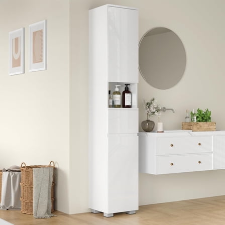 DIYART High Glossy Slim Bathroom Cabinet. 71" Tall Storage Cabinet with Drawer and Adjustable Shelves, Narrow Linen Cabinet for Bathroom, Laundry, and Living Room, White