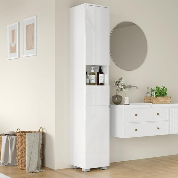 DIYART High Glossy Slim Bathroom Cabinet. 71" Tall Storage Cabinet with Drawer and Adjustable Shelves, Narrow Linen Cabinet for Bathroom, Laundry, and Living Room, White