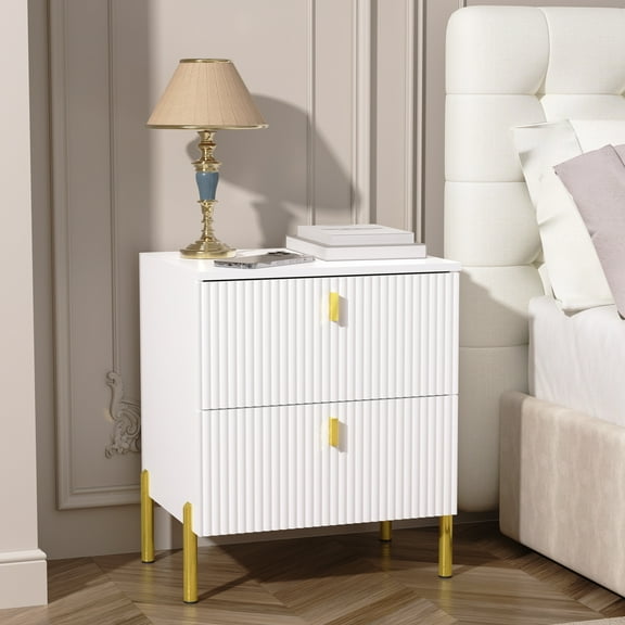 DIYART Luxury Fluted Night Stand, Nightstand with 2 Drawers, Modern Bedside Table with Golden legs and handles, End tables for Living Room Bedroom, White
