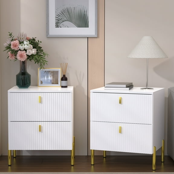 DIYART Luxury Fluted Night Stand Set of 2, Nightstand with 2 Drawers, Modern Bedside Table with Golden legs and handles, End tables for Living Room Bedroom, White