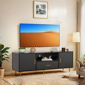 DIYART Luxury Fluted TV Stand, Entertainment Center for TVs Up to 65", Modern Media Console with Drawer and Cabinets, TV Console for Living Room Bedroom, Black