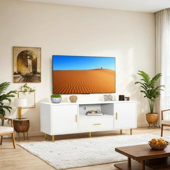 DIYART Luxury Fluted TV Stand, Entertainment Center for TVs Up to 65", Modern Media Console with Drawer and Cabinets, TV Console for Living Room Bedroom, White
