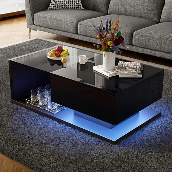DIYART Modern LED Coffee Table with Drawer, High Glossy Rectangular Table with Tempered Glass Top, Center Table for Living Room, Gaming & Movie Night