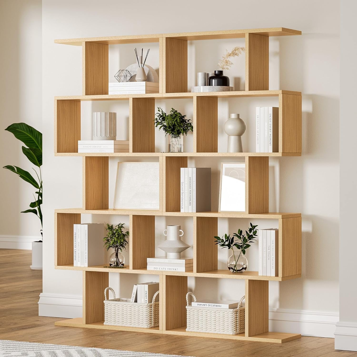 DIYART Oak 5-Tier Geometric Bookcase, S-Shaped Modern Bookshelf set of 2