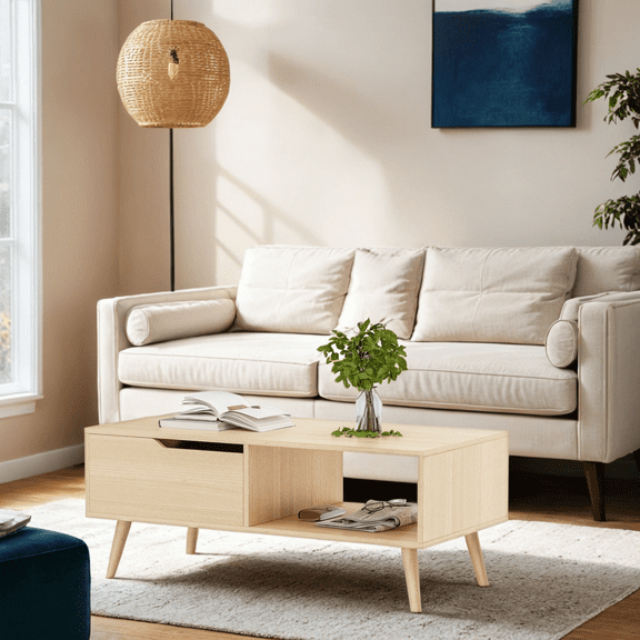 DIYART Oak Coffee Table, Mid Century Modern Coffee Table with Drawer & Shelf, 39'' Wooden Simple Console Table for Living Room