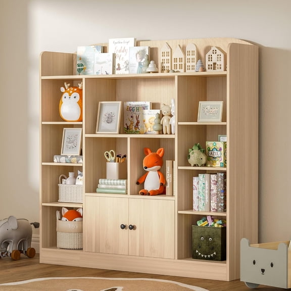 DIYART Oak Kids Bookshelf, Kids Bookcase with 11 Cubbies and 2 Cabinets, Freestanding Book Storage Shelves for Bedroom, Playroom, Hallway