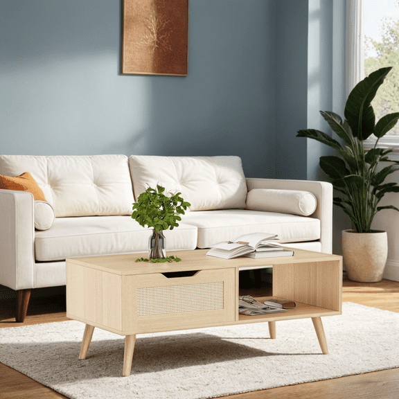 DIYART Oak Rattan Coffee Table, Mid Century Modern with Drawer & Shelf, 39'' Wooden Boho Coffee Table for Living Room