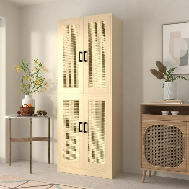 DIYART Oak Rattan Kitchen Pantry Cabinet, 71" Tall Kitchen Pantry ...