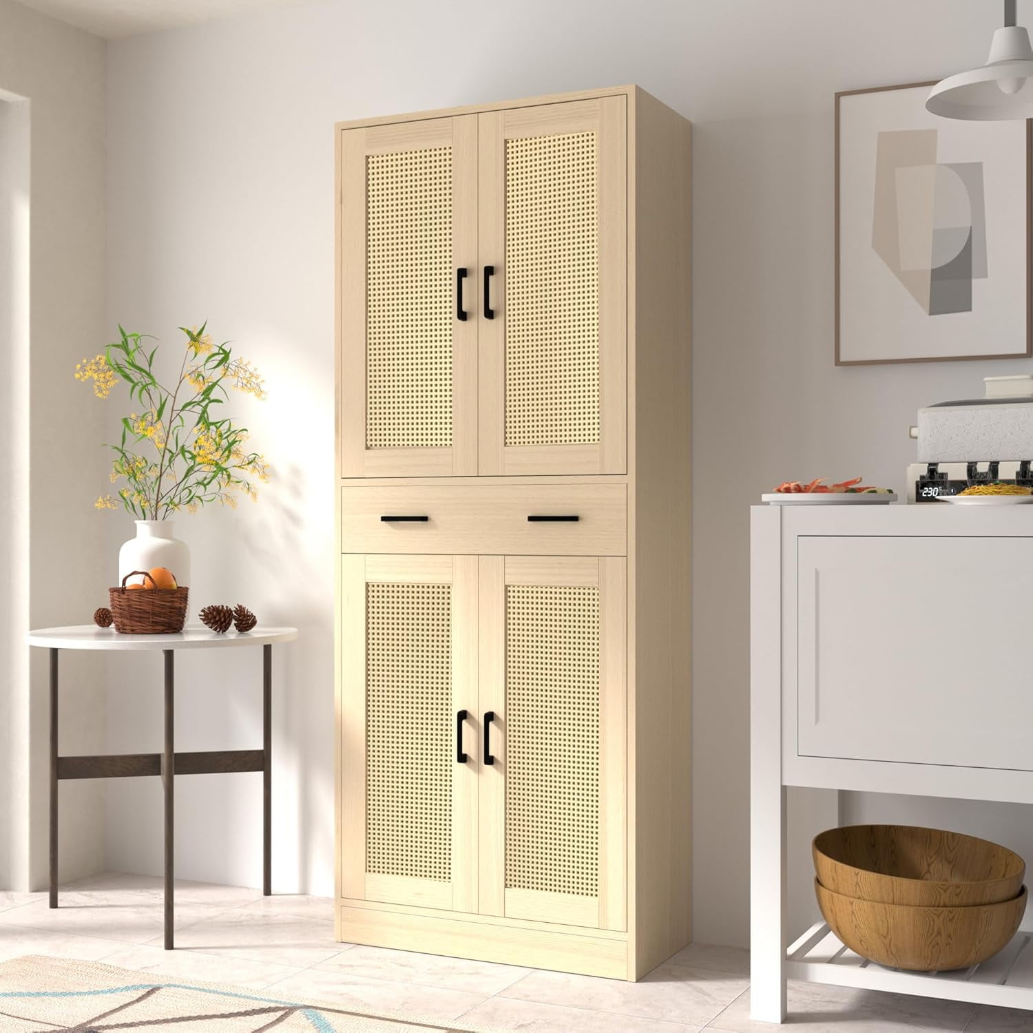 DIYART Oak Rattan Pantry Cabinet, 71" Tall Kitchen Pantry Storage ...