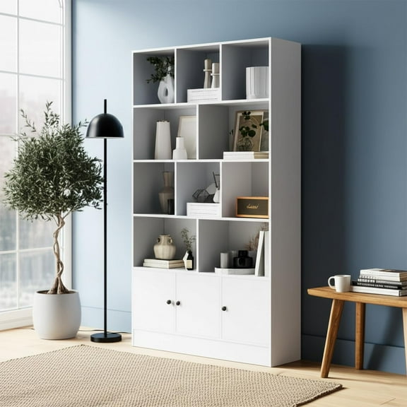 DIYART White 5-Tier Bookshelf, 13-Cube Storage Cabinet with 3 Doors, Freestanding Bookcase for Living Room & Home Office