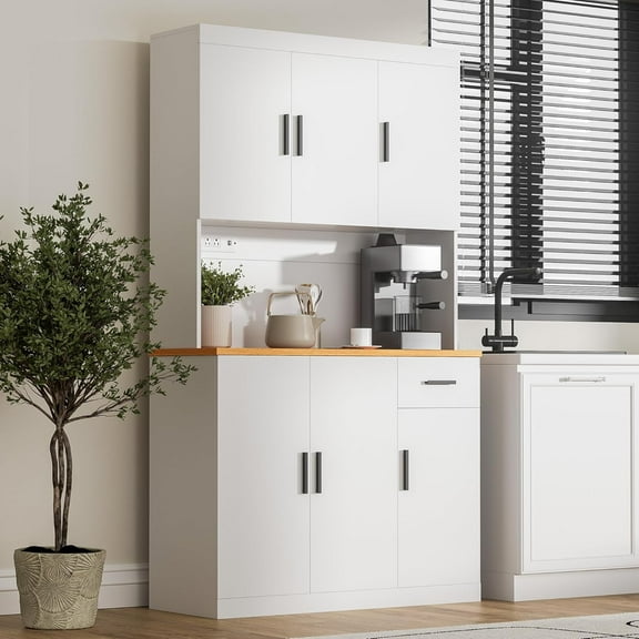 DIYART White Kitchen Pantry Cabinet, 71" Tall Kitchen Storage Cabinet with 6 doors and Power Outlet