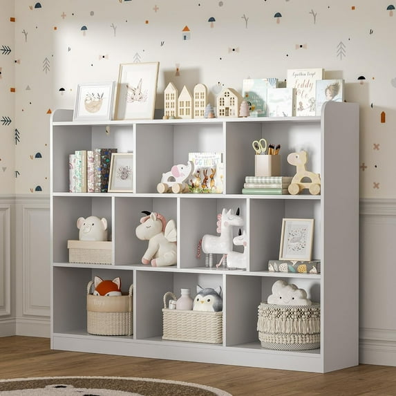 DIYART White Wood Bookcase with 3 Tier Open Shelves, 10-Cube Storage Shelf, 43.3" W x 35.4" H