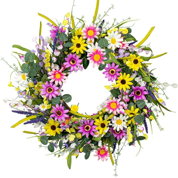 DIYFLORU Store 22 Inches Summer Wreaths for Front Door Spring Door Wreath Summer Floral Wreath with Wildflower Daisy for Wall Indoor Outside