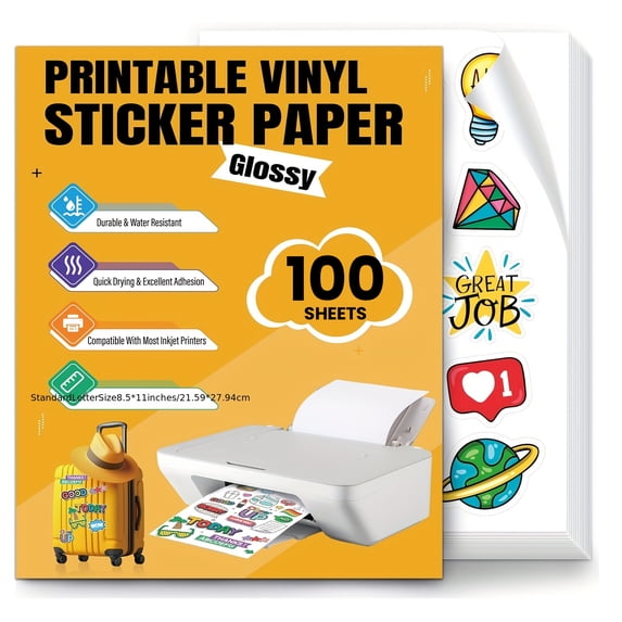 DIYMAG 100 Pcs Printable Vinyl Sticker Paper for Inkjet Printer/Laser Printer, Glossy 8.5"x11" Printable Vinyl Sticker Paper - Waterproof, Dries Quickly with Vivid Colors (Glossy White )