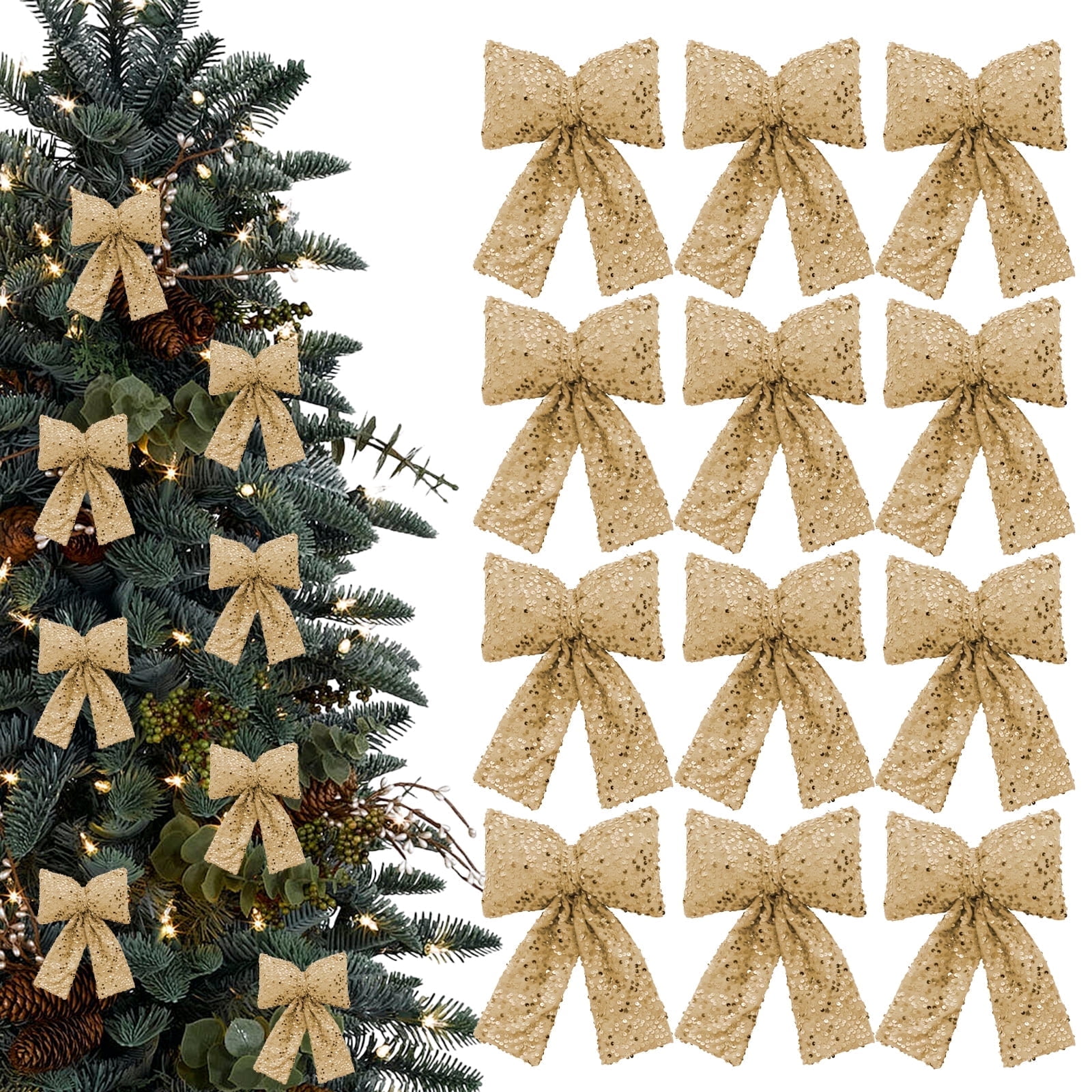 DIYMAG 12 Pcs Christmas Tree Bow Decoration Glitter Bows Christmas Bow, Sequine Bows for Christmas Party Decoration (Gold)
