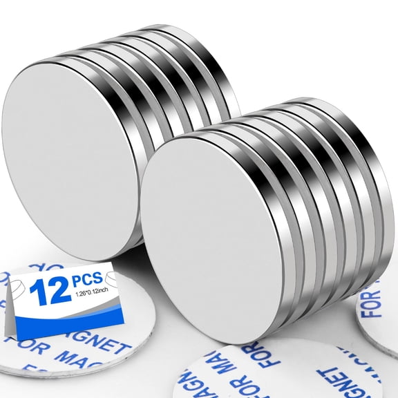 DIYMAG 12 Pcs Disc Magnets with Double-Sided Adhesive, Neodymium Disc Magnet for Fridge, DIY, Building, Scientific, Craft, and Office Magnets, 1.26 inch D x 1/8 inch H - 12 Packs