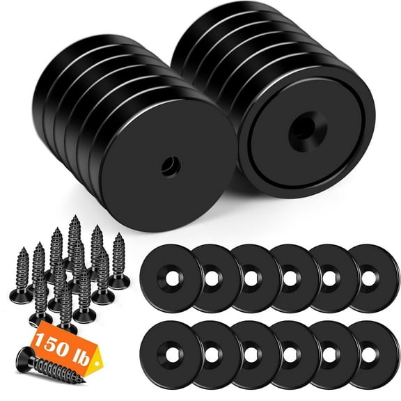 DIYMAG 12Pcs Neodymium Round Base Cup Magnet,Strong Rare Earth Magnets with Heavy Duty Countersunk Hole and Stainless Screws for Refrigerator Magnets Office Craft 1.42 inch (Black)