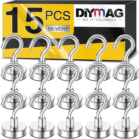 DIYMAG 15 Pack Magnetic Hooks, 30Lbs Heavy Duty Cruise Magnet Hooks for Classroom, Fridge, Hanging, Cabins, Grill, Kitchen, Garage, Workplace and Office (Silver)