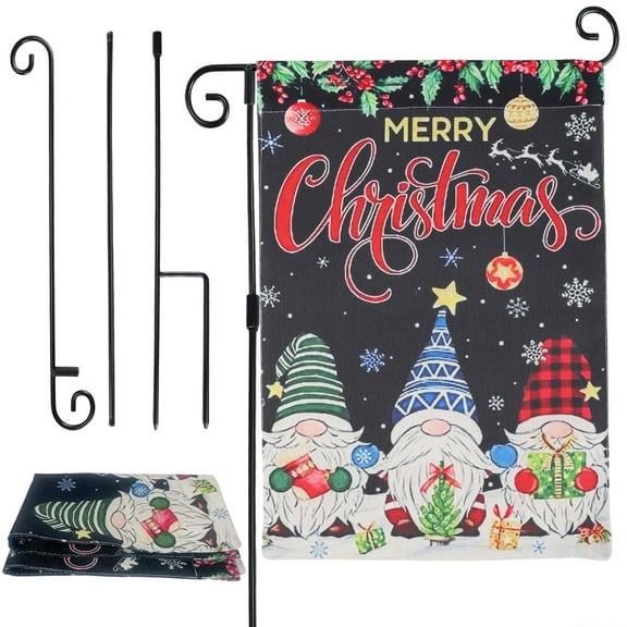 DIYMAG Merry Christmas Flag Plus Flag Stand Pole Set, 12x18 Inch Double Sided Small Burlap Holiday Red Yard Decoration Merry Christmas Flag with Flag Stand