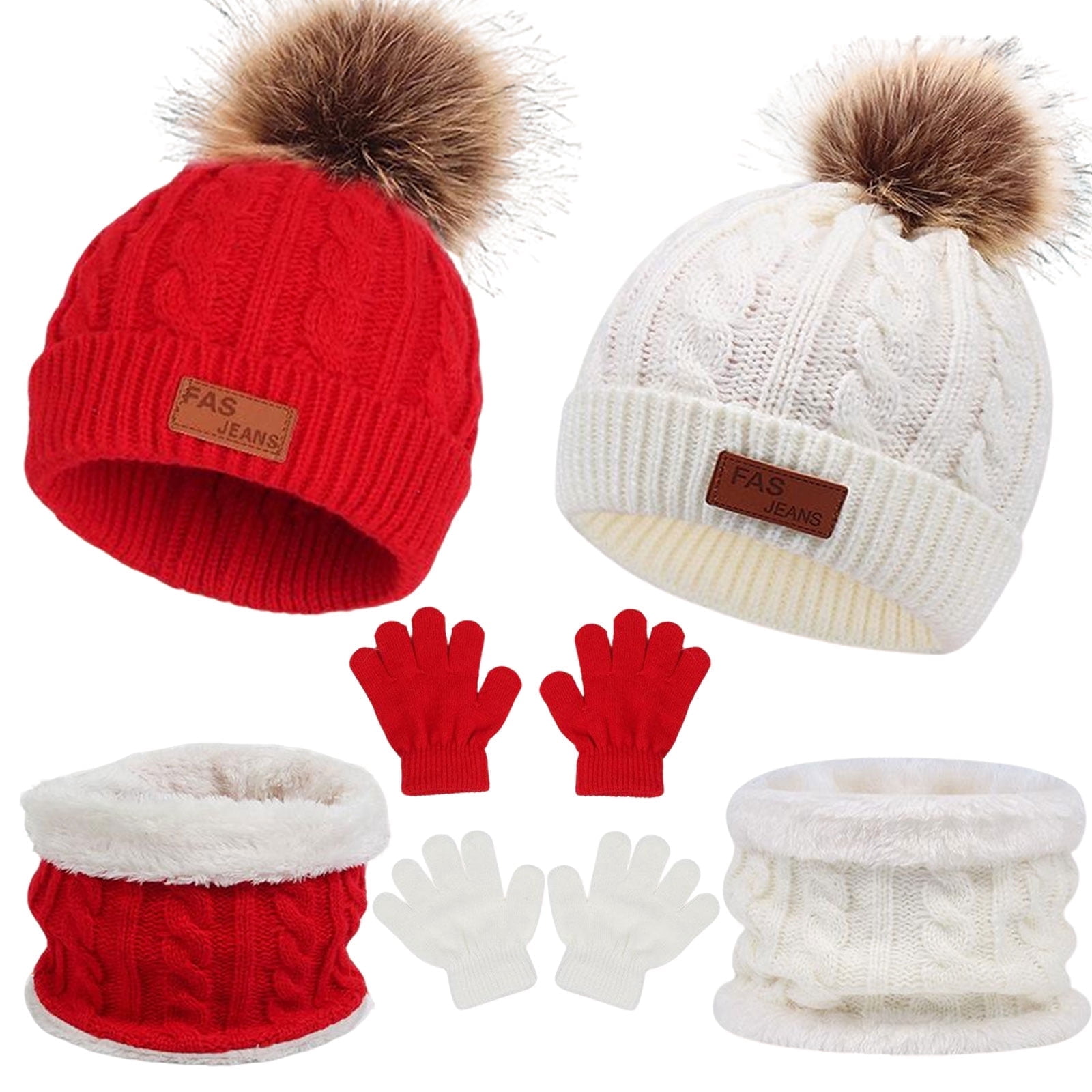 DIYMAG 2 Packs Winter Beanie Hat Scarf Gloves Set for Kids, Toddlers Knitting Cap Neck Warmer Gloves Set for Aged 2-8 Year（Red, White）