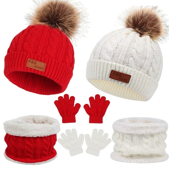 DIYMAG 2 Packs Winter Beanie Hat Scarf Gloves Set for Kids, Toddlers Knitting Cap Neck Warmer Gloves Set for Aged 2-8 Year（Red, White）