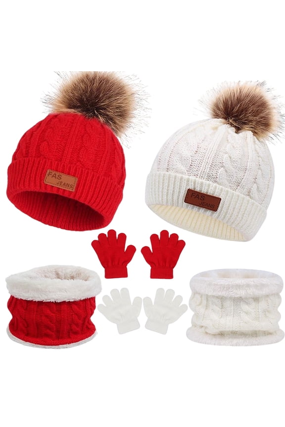 DIYMAG 2 Packs Winter Beanie Hat Scarf Gloves Set for Kids, Toddlers Knitting Cap Neck Warmer Gloves Set for Aged 2-8 Year（Red, White）