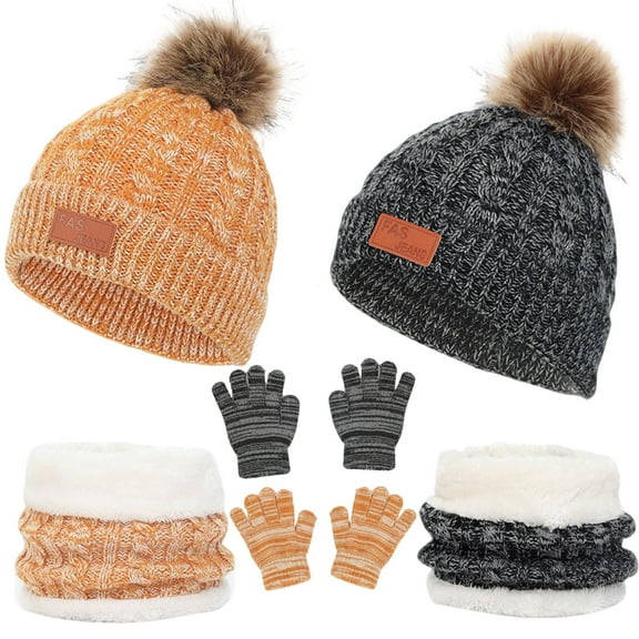 DIYMAG 2 Packs Winter Beanie Hat Scarf Gloves Set for Kids, Toddlers Knitting Cap Neck Warmer Gloves Set for Aged 2-8 Year（Yellow, Gray）