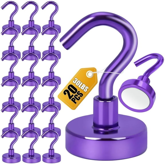 DIYMAG 20 Pcs Magnetic Hooks, 30lbs+ Heavy Duty Strong Magnet Hooks for Cruise Cabin, Refrigerator, Classroom, Magnetic Metal Hooks for Grill (Purple)
