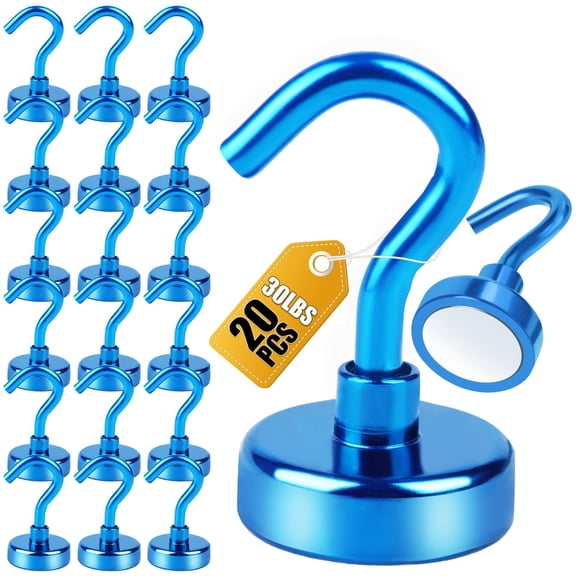 DIYMAG 20 Pcs Magnetic Hooks, 30lbs+ Heavy Duty Strong Magnet Hooks for Cruise Cabin, Refrigerator, Classroom, Magnetic Metal Hooks for Grill (Blue)