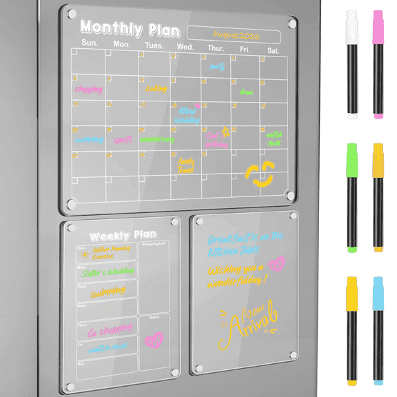 DIYMAG 3 Pack Magnetic Calendar for Refrigerator, Clear Acrylic Planning Board, Calendar, To-Do List Memo Board for Refrigerator with 6 Highlights