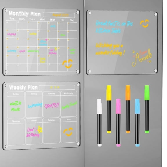 DIYMAG 3 Pcs Acrylic Magnetic Calendar for Fridge, Reusable Dry Erase Magnetic Board with 6 Color Highlight Markers(Blank Board+Weekly Plan+Monthly Plan)