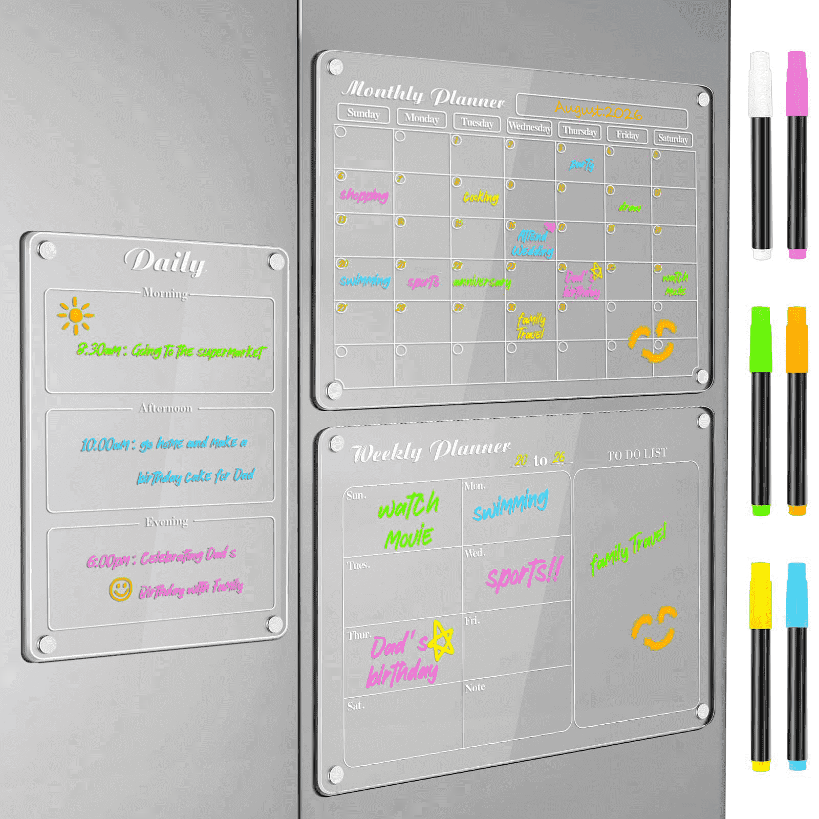 DIYMAG Magnetic Calendar for Refrigerator, 3 Pack Magnetic Planning Board for Fridge,  Acrylic Dry Erase Whiteboard with 6 Highlight  (Clear)