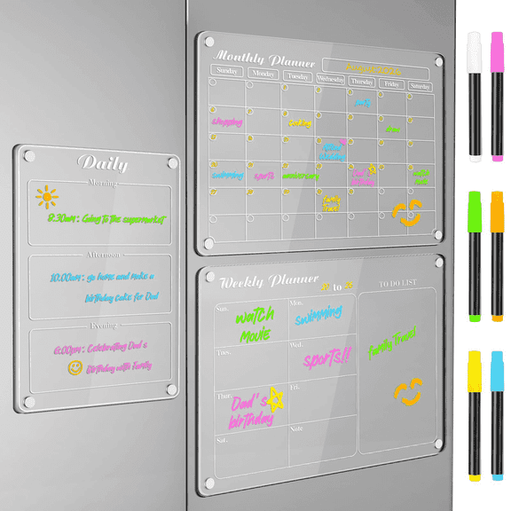 DIYMAG 3 Pack Magnetic Planning Board for Fridge, Acrylic Dry Erase Magnetic Fridge Whiteboard Set with Monthly, Weekly & Daily Board Plus 6 Highlight (Clear)