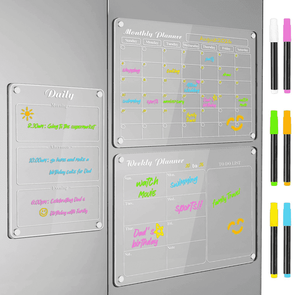 DIYMAG Magnetic Calendar for Refrigerator, 3 Pack Magnetic Planning Board for Fridge,  Acrylic Dry Erase Whiteboard with 6 Highlight  (Clear)