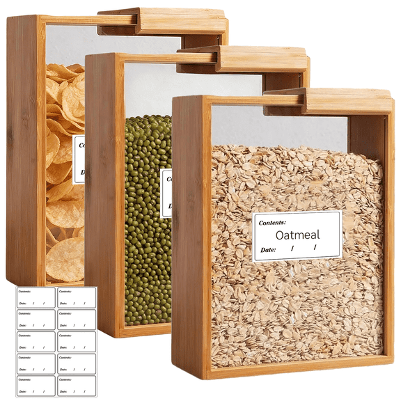 DIYMAG 3 Pcs Cereal Storage Containers with Labels,  Visible Dry Food Storage Containers for Cereal, Rice, Flour, Snacks, Coffee Beans（Wood & PVC; 3L ）