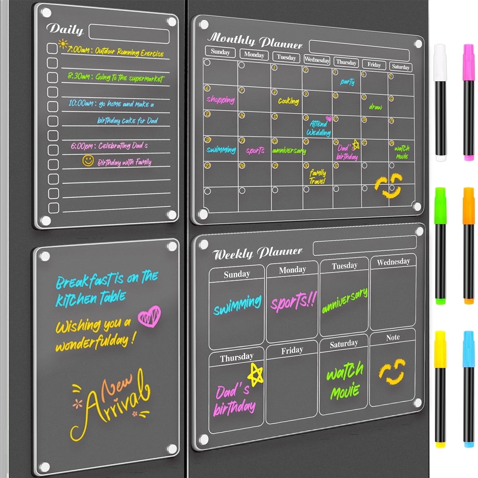 DIYMAG 4 Pack Magnetic Calendar for Fridge, Clear Acrylic Dry Erase Magnetic Refrigerator Whiteboard with 6 Highlight, To-Do List/Planner/Memo Board/Calendar for Refrigerator