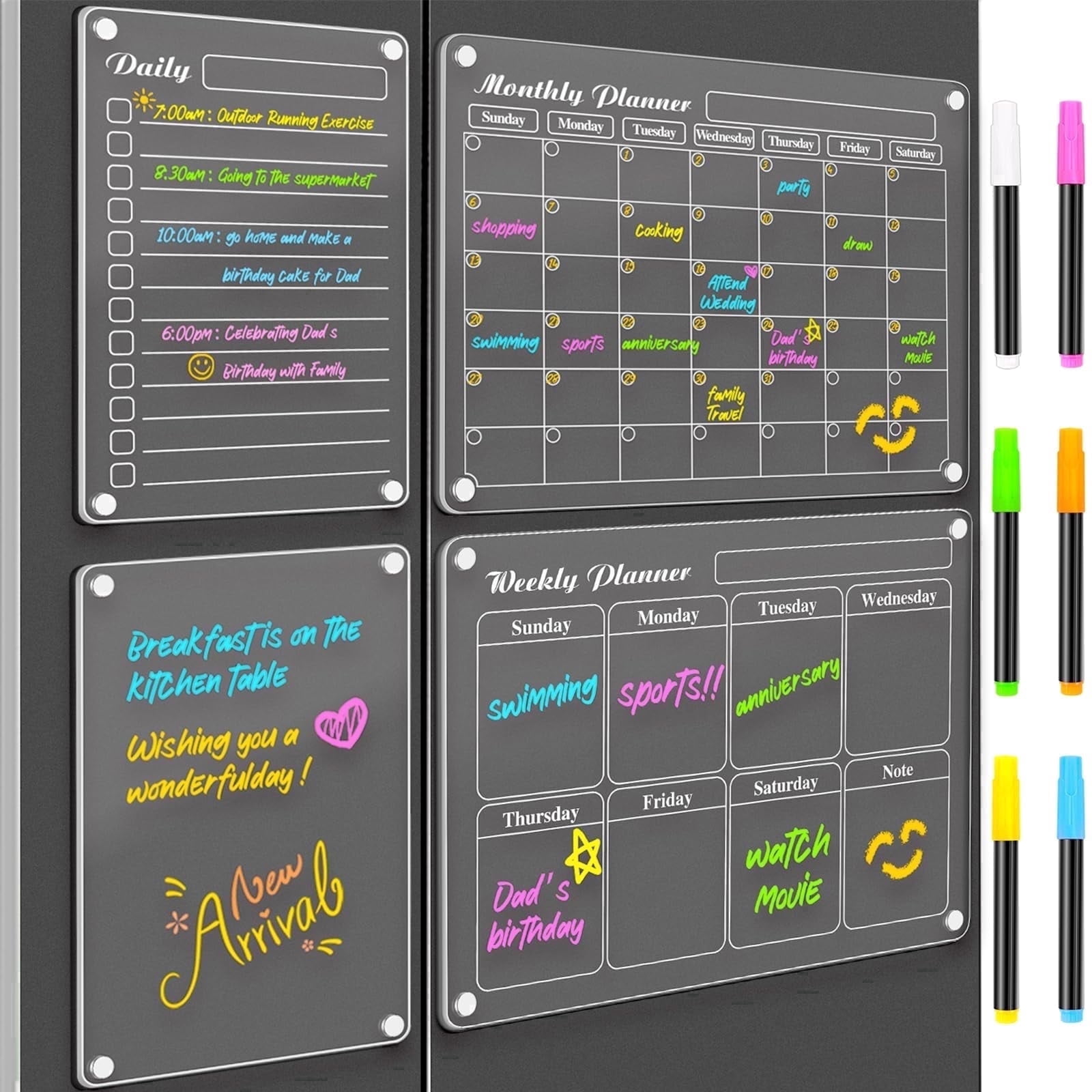 DIYMAG 4 Pack Magnetic Calendar for Refrigerator, Clear Acrylic Dry Erase Magnetic Whiteboard for Refrigerator with 6 Highlight, Refrigerator To-Do List/Planner/Memo Board