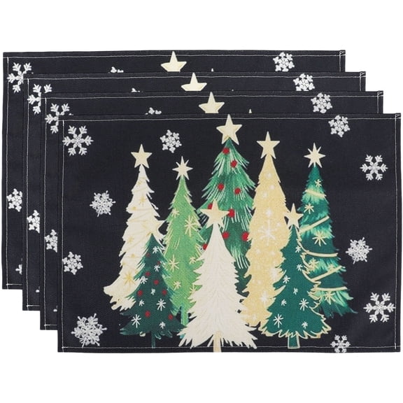 DIYMAG 4 Pcs Christmas Placemats, 12x18 Inch Christmas Table Mats Placemat for Party Kitchen Dining Decoration-Xmas Trees Snowflakes Winter(Black)