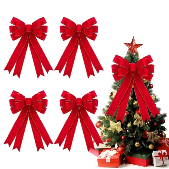 DIYMAG 4 Pcs Red Velvet Bow, Red Christmas Bows Outdoor Deco - 16 x 24in Large Christmas Tree Topper Bow, Bow with Glitter Gold Edge for Xmas Home Front Door Decor